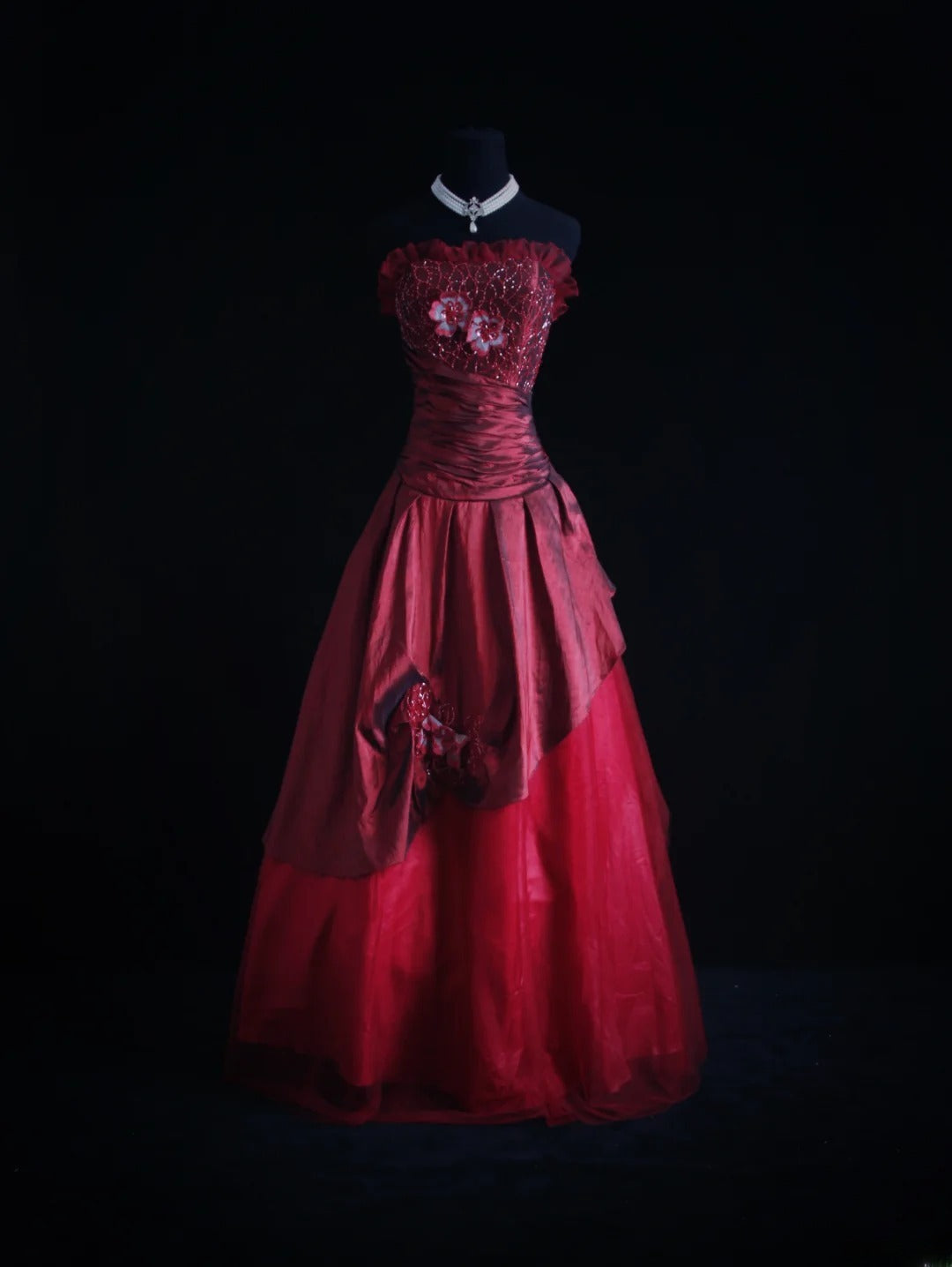 Retro-Ballkleid, trägerlos, burgunderrot, Tüll, 90er-Jahre-Stil, mit Perlen, Abendkleid für Damen, Partykleid, langes formelles Ballkleid, Kleid zum 21. Geburtstag AS006