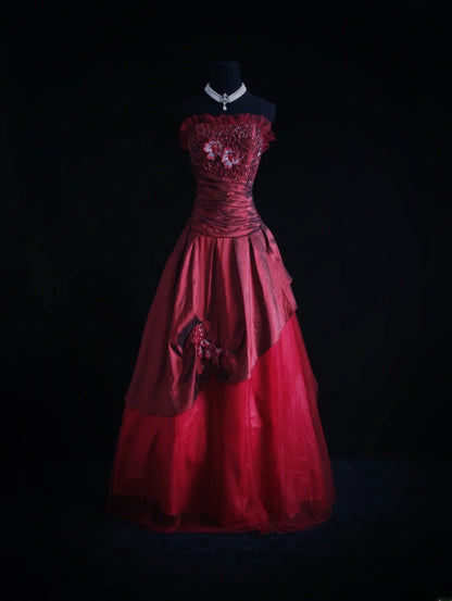 Retro-Ballkleid, trägerlos, burgunderrot, Tüll, 90er-Jahre-Stil, mit Perlen, Abendkleid für Damen, Partykleid, langes formelles Ballkleid, Kleid zum 21. Geburtstag AS006