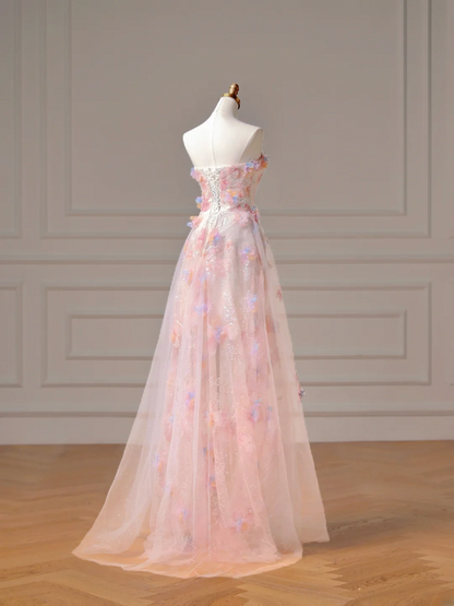 Elegantes, trägerloses A-Linien-Abendkleid aus rosa Spitze und Tüll mit Cape – ein stilvolles, langes Abendkleid für Teenager und Schülerinnen (AQ006).