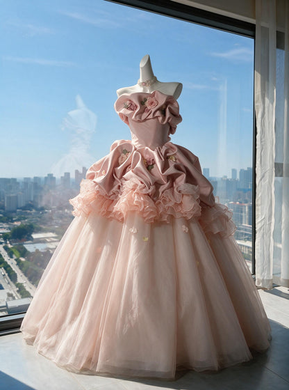 Fairy Quinceanera Dress Ball Gown Strapless Pink Satin Tulle With Flowers Tiered 16th Birthday Party Outfit RC0966