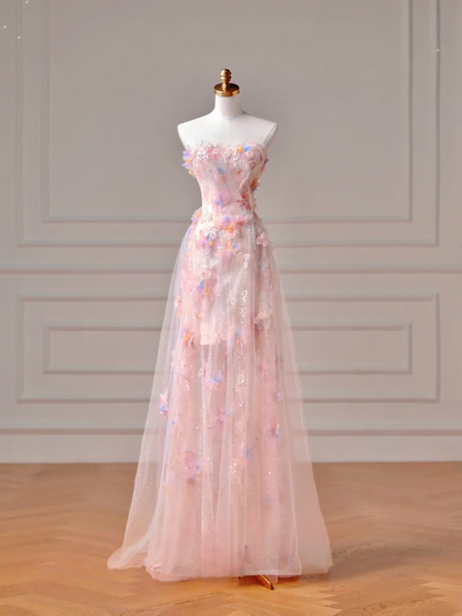 Elegantes, trägerloses A-Linien-Abendkleid aus rosa Spitze und Tüll mit Cape – ein stilvolles, langes Abendkleid für Teenager und Schülerinnen (AQ006).