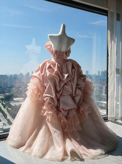 Fairy Quinceanera Dress Ball Gown Strapless Pink Satin Tulle With Flowers Tiered 16th Birthday Party Outfit RC0966