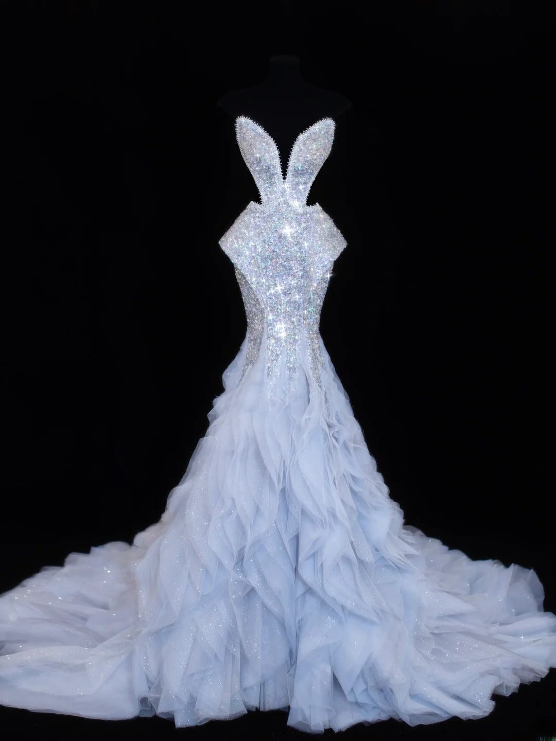 Paillettenbesetztes, trägerloses Meerjungfrauen-Abendkleid mit Falten, elegantes langes Tüllkleid für festliche Anlässe SA006