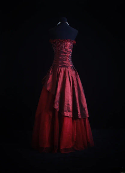 Retro-Ballkleid, trägerlos, burgunderrot, Tüll, 90er-Jahre-Stil, mit Perlen, Abendkleid für Damen, Partykleid, langes formelles Ballkleid, Kleid zum 21. Geburtstag AS006