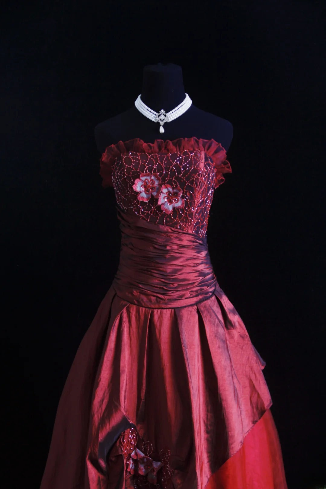 Retro-Ballkleid, trägerlos, burgunderrot, Tüll, 90er-Jahre-Stil, mit Perlen, Abendkleid für Damen, Partykleid, langes formelles Ballkleid, Kleid zum 21. Geburtstag AS006