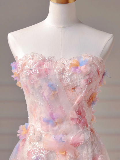 Elegantes, trägerloses A-Linien-Abendkleid aus rosa Spitze und Tüll mit Cape – ein stilvolles, langes Abendkleid für Teenager und Schülerinnen (AQ006).