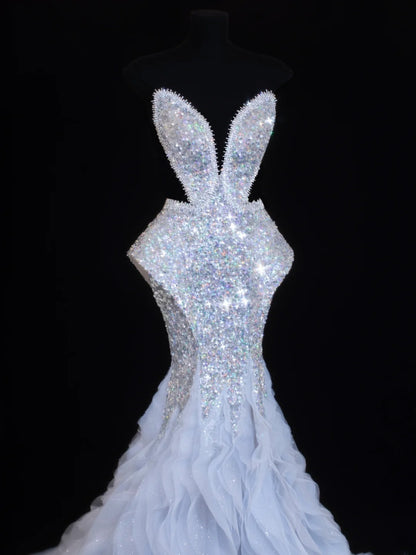 Paillettenbesetztes, trägerloses Meerjungfrauen-Abendkleid mit Falten, elegantes langes Tüllkleid für festliche Anlässe SA006