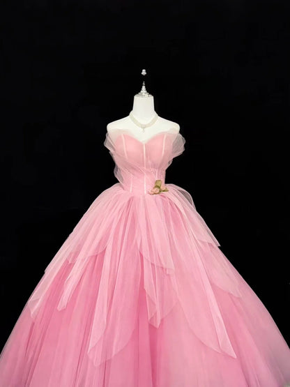 Sweety Prom Dresses Ball Gown Pink Sweetheart Sleeveless Floor Length Tulle Evening Long Formal Dress RB7380