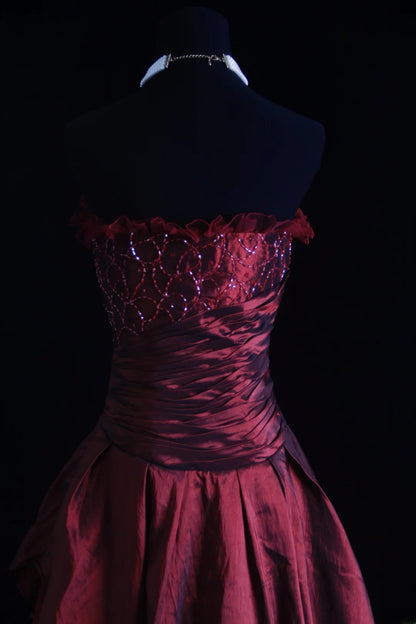 Retro-Ballkleid, trägerlos, burgunderrot, Tüll, 90er-Jahre-Stil, mit Perlen, Abendkleid für Damen, Partykleid, langes formelles Ballkleid, Kleid zum 21. Geburtstag AS006