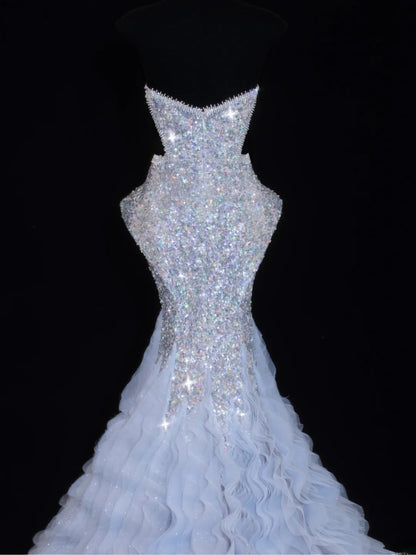 Paillettenbesetztes, trägerloses Meerjungfrauen-Abendkleid mit Falten, elegantes langes Tüllkleid für festliche Anlässe SA006