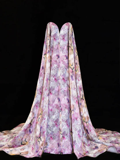 Elegantes, geblümtes A-Linien-Abendkleid mit Herzausschnitt und Cape aus Chiffon – ein beeindruckendes langes Abendkleid für festliche Anlässe (SA007)