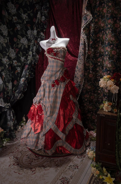 Princesses Fairytale Ball Gown Strapless Red Lattice Tulle Long With Flowers Quince Dress Quinceanera Dresses Formal Birthday Outfits RB8035
