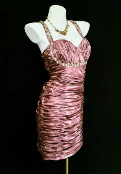Robe fourreau vintage rose plissée à bretelles, robe de bal courte pour un 16e anniversaire, robe de cocktail, AS007