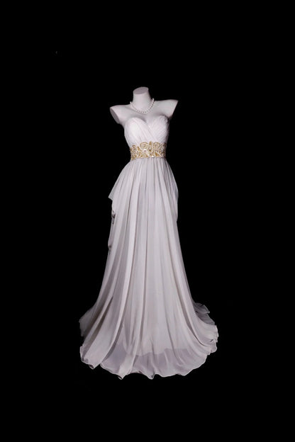 A Line Prom Dress Sweetheart White Chiffon Modest Floor Length Formal Party Gown RB9815