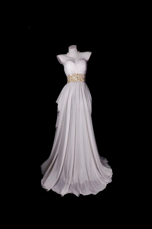 A Line Prom Dress Sweetheart White Chiffon Modest Floor Length Formal Party Gown RB9815