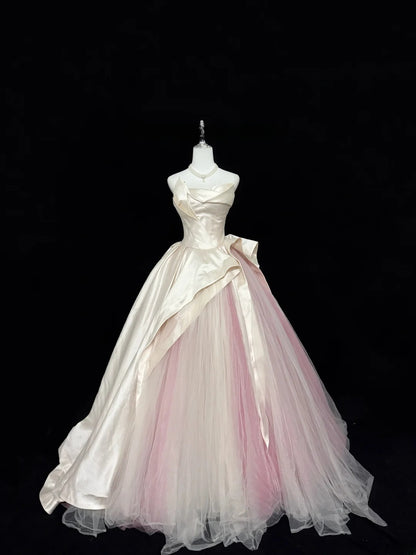 Sweety Prom Dresses Ball Gown Pink Strapless Sleeveless Floor Length Tulle Evening Long Formal Dress RB7381