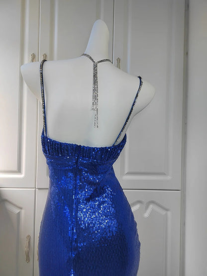 Modest Mermaid Spaghetti Straps Royal Blue Sequins With Beads Evening Dresses High School Teens Senior Night Dance Party Outfits AB2517