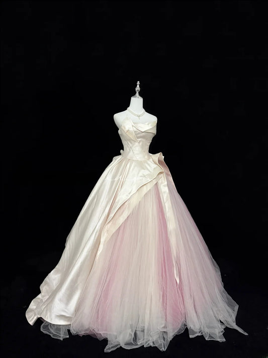 Sweety Prom Dresses Ball Gown Pink Strapless Sleeveless Floor Length Tulle Evening Long Formal Dress RB7381