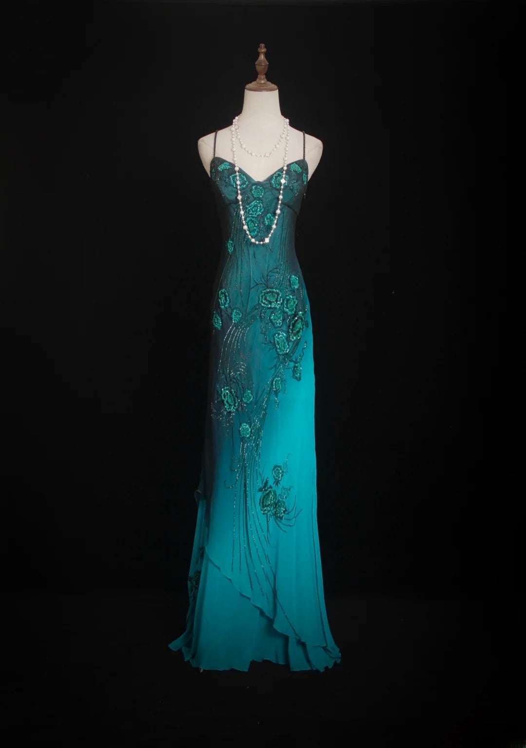 Einzigartiges Meerjungfrauen-Spaghettiträgerkleid in Blau im 90er-Jahre-Stil mit Perlen für Damen, langes formelles Ballkleid, Abendkleid zum 20. Geburtstag AS007