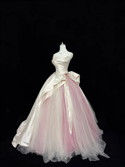 Sweety Prom Dresses Ball Gown Pink Strapless Sleeveless Floor Length Tulle Evening Long Formal Dress RB7381