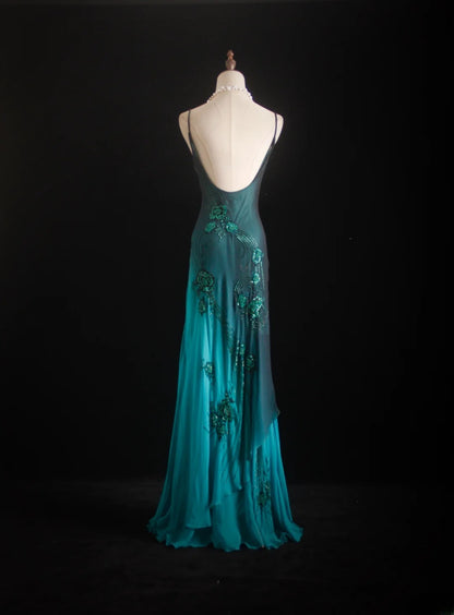 Einzigartiges Meerjungfrauen-Spaghettiträgerkleid in Blau im 90er-Jahre-Stil mit Perlen für Damen, langes formelles Ballkleid, Abendkleid zum 20. Geburtstag AS007