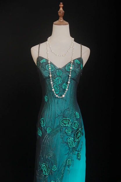 Einzigartiges Meerjungfrauen-Spaghettiträgerkleid in Blau im 90er-Jahre-Stil mit Perlen für Damen, langes formelles Ballkleid, Abendkleid zum 20. Geburtstag AS007