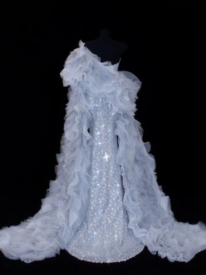 Paillettenbesetztes, trägerloses Meerjungfrauen-Abendkleid mit Falten und Cape-Stil, elegantes langes Tüll-Abendkleid, Partykleid SA008