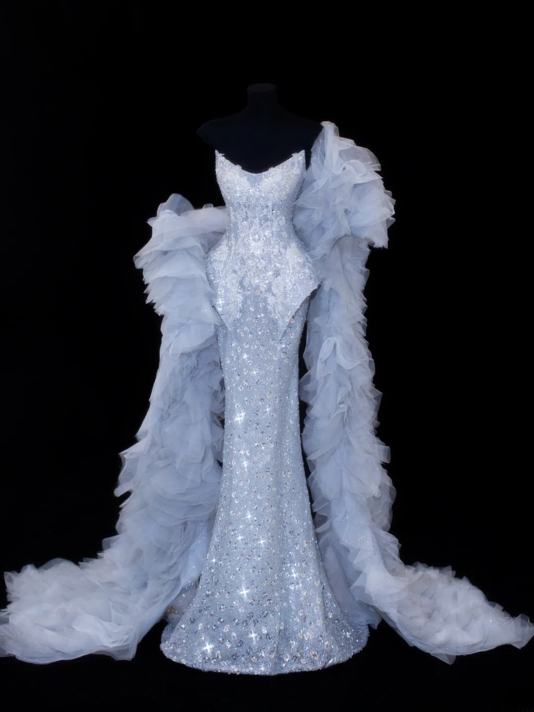 Paillettenbesetztes, trägerloses Meerjungfrauen-Abendkleid mit Falten und Cape-Stil, elegantes langes Tüll-Abendkleid, Partykleid SA008