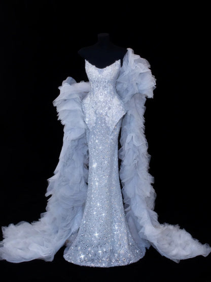 Paillettenbesetztes, trägerloses Meerjungfrauen-Abendkleid mit Falten und Cape-Stil, elegantes langes Tüll-Abendkleid, Partykleid SA008