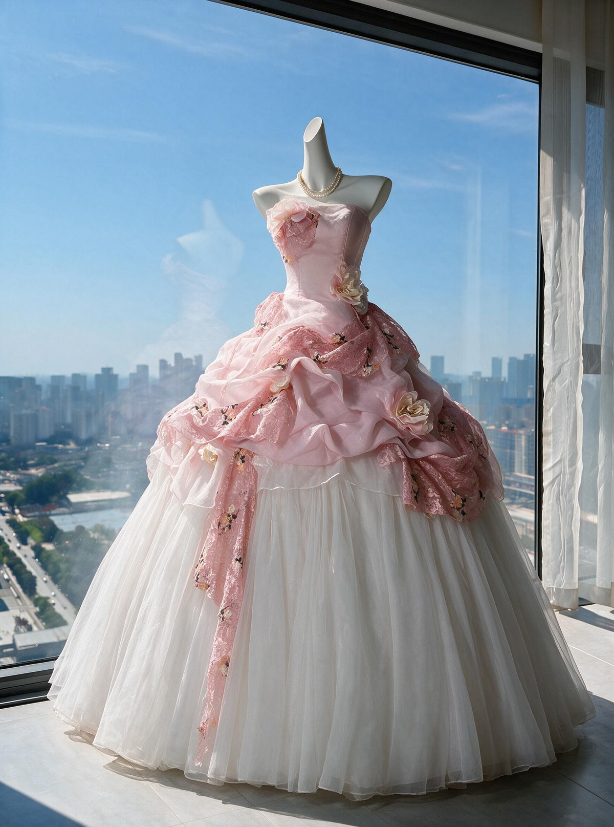 Fairy Quinceanera Dress Ball Gown Strapless Pink White Tulle With Flowers Tiered 16th Birthday Party Outfit RC0968