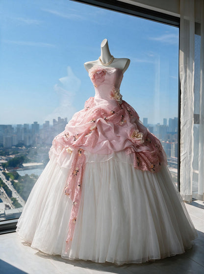 Fairy Quinceanera Dress Ball Gown Strapless Pink White Tulle With Flowers Tiered 16th Birthday Party Outfit RC0968