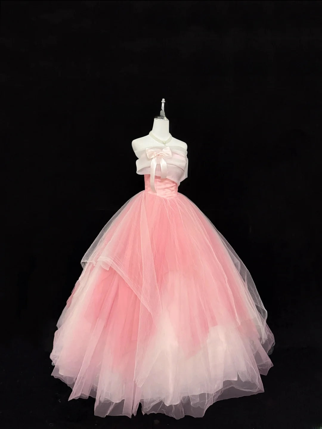 Sweety Prom Dresses Ball Gown Pink Strapless Sleeveless With Bow Tulle Evening Long Formal Dress RB7382