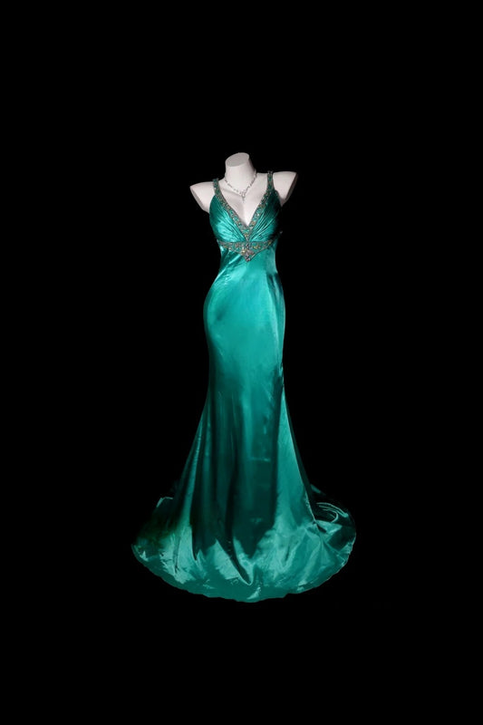 Grünes Ballkleid Meerjungfrau-Stil Neckholder V-Ausschnitt Satin Schlicht bodenlang Abendkleid RB9816