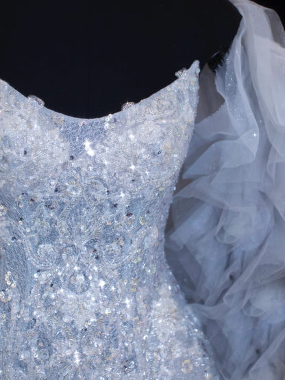 Paillettenbesetztes, trägerloses Meerjungfrauen-Abendkleid mit Falten und Cape-Stil, elegantes langes Tüll-Abendkleid, Partykleid SA008