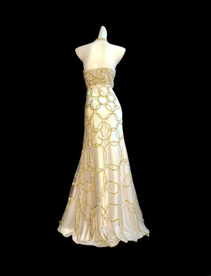 Robe de bal longue sirène dos nu, ornée de perles dorées, idéale pour les lycéennes et les fêtes de fin d'année (AB2518)