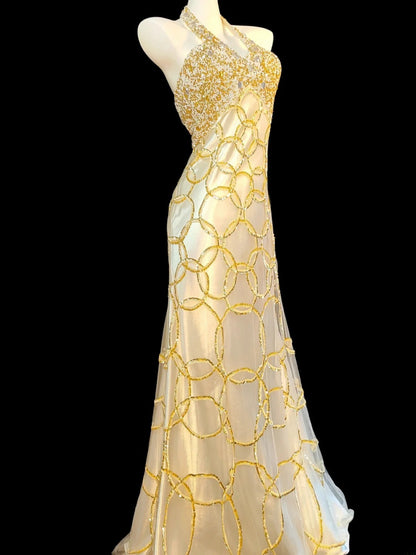 Robe de bal longue sirène dos nu, ornée de perles dorées, idéale pour les lycéennes et les fêtes de fin d'année (AB2518)