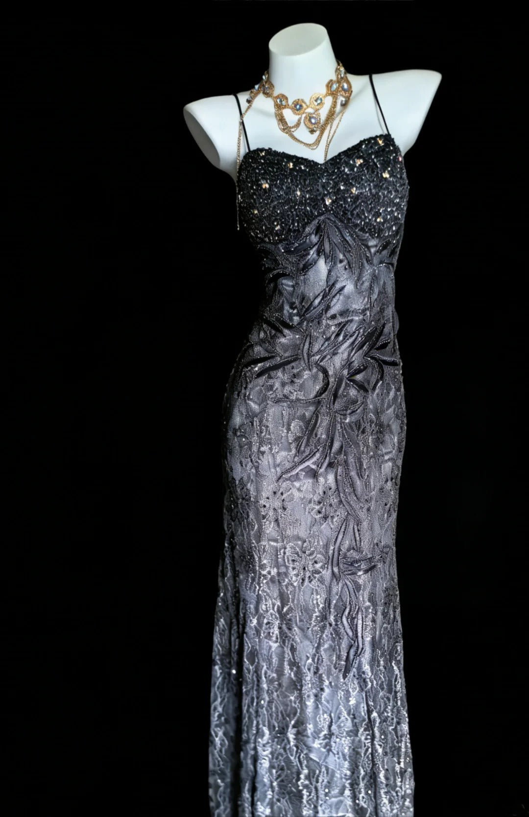 Robe de soirée sirène unique à fines bretelles en dentelle grise style années 90 avec perles, robe de bal longue, robe d'anniversaire pour les 20 ans AS008
