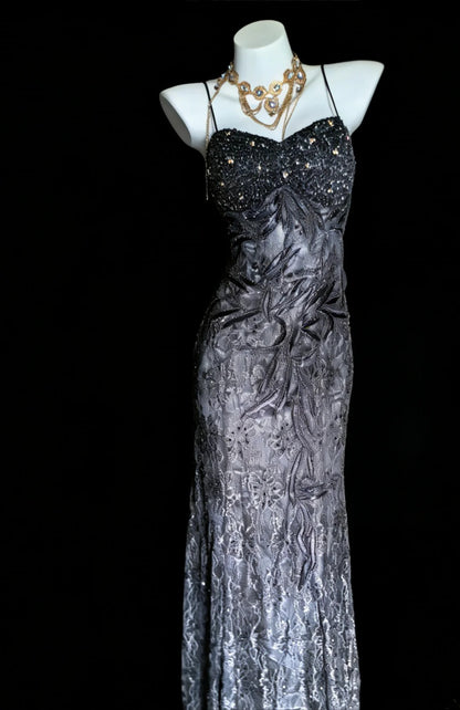 Robe de soirée sirène unique à fines bretelles en dentelle grise style années 90 avec perles, robe de bal longue, robe d'anniversaire pour les 20 ans AS008