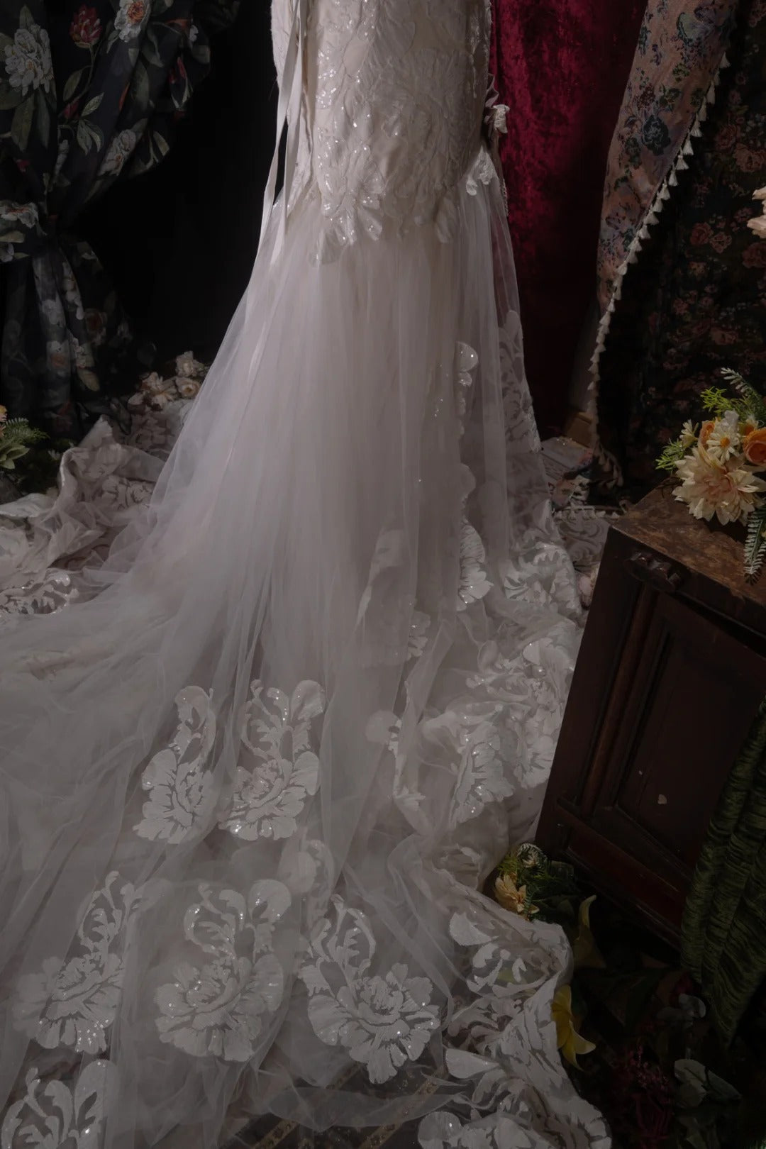 Vintage 80s Mermaid Sweetheart Lace Tulle White With Appliques Train Brides Gown Bridal Dress Wedding Dresses RB8032