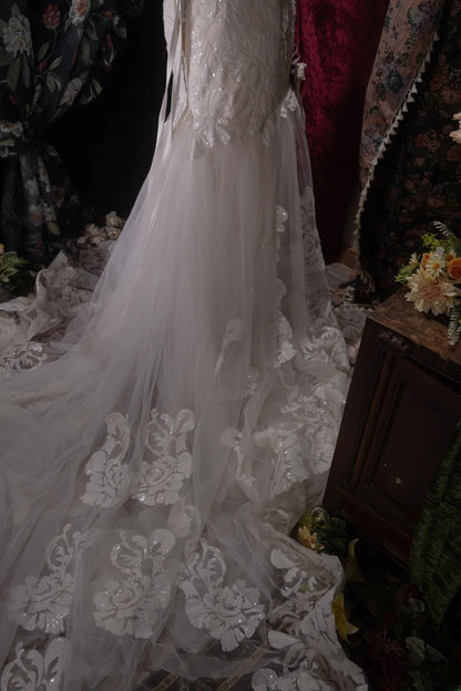 Vintage 80s Mermaid Sweetheart Lace Tulle White With Appliques Train Brides Gown Bridal Dress Wedding Dresses RB8032