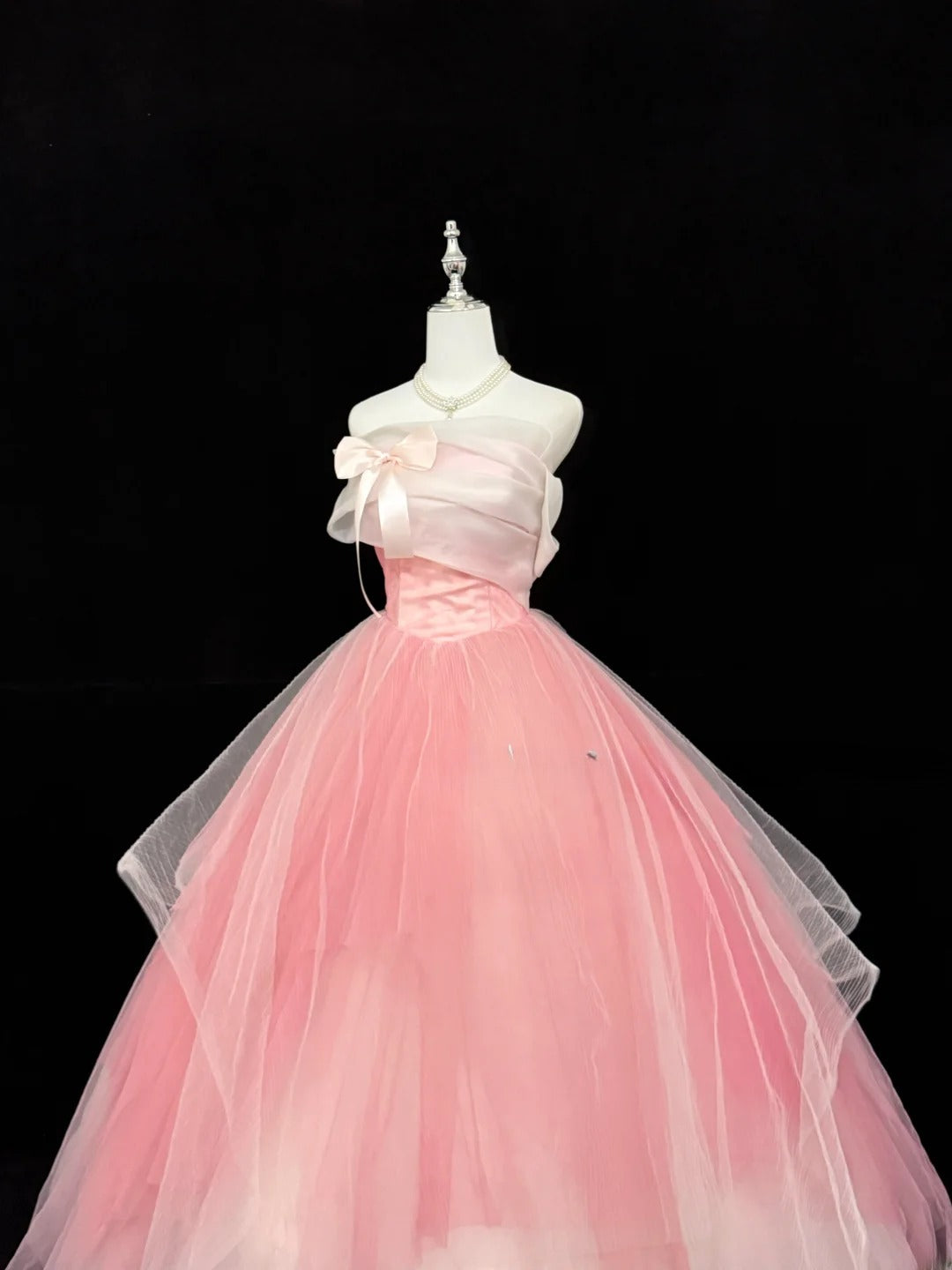 Sweety Prom Dresses Ball Gown Pink Strapless Sleeveless With Bow Tulle Evening Long Formal Dress RB7382