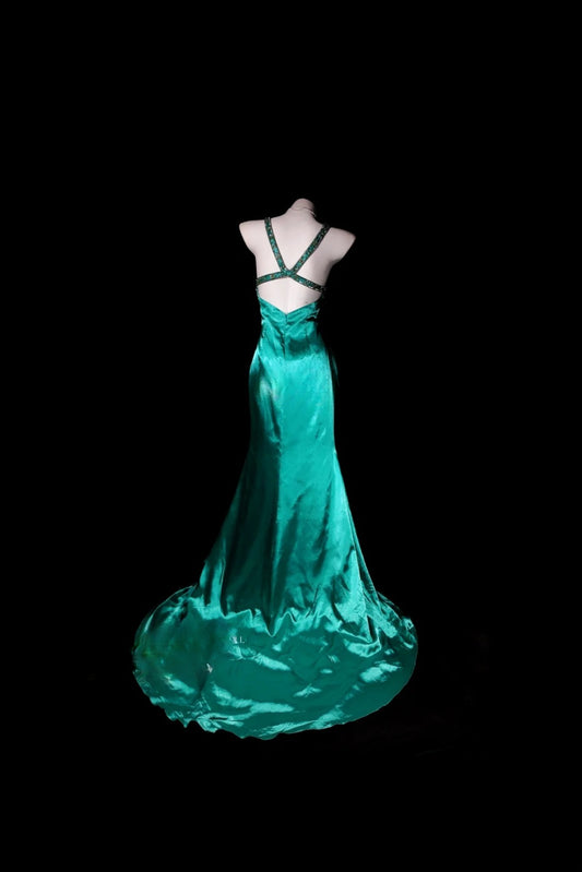 Grünes Ballkleid Meerjungfrau-Stil Neckholder V-Ausschnitt Satin Schlicht bodenlang Abendkleid RB9816