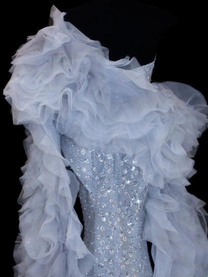 Paillettenbesetztes, trägerloses Meerjungfrauen-Abendkleid mit Falten und Cape-Stil, elegantes langes Tüll-Abendkleid, Partykleid SA008