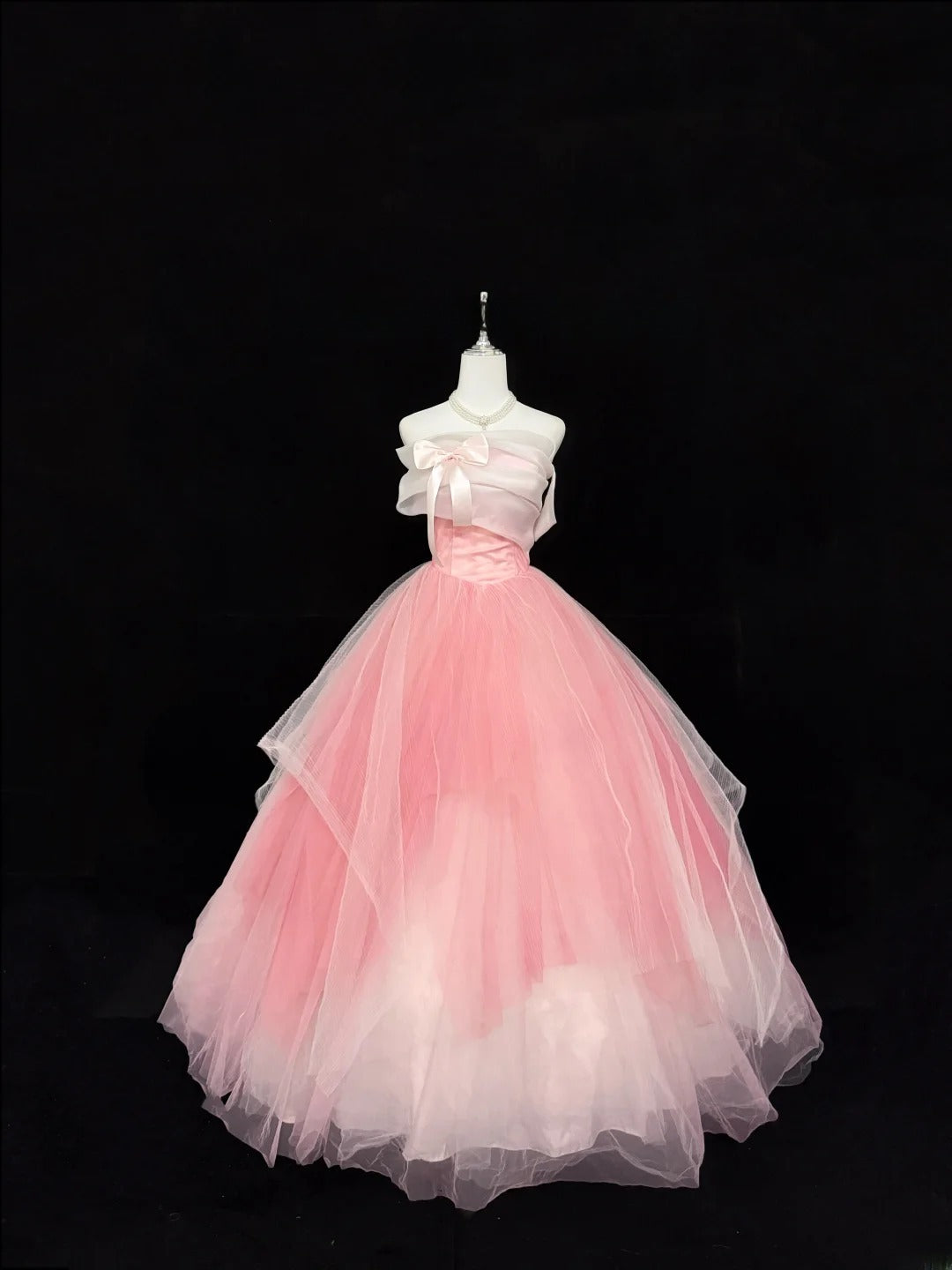 Sweety Prom Dresses Ball Gown Pink Strapless Sleeveless With Bow Tulle Evening Long Formal Dress RB7382