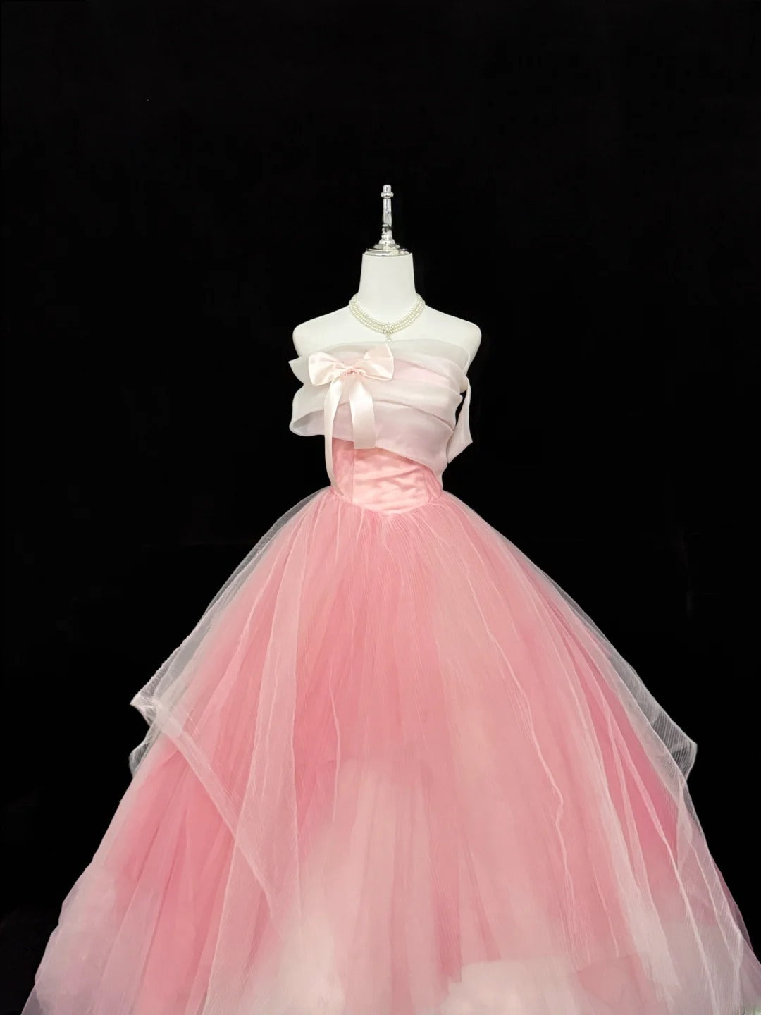 Sweety Prom Dresses Ball Gown Pink Strapless Sleeveless With Bow Tulle Evening Long Formal Dress RB7382