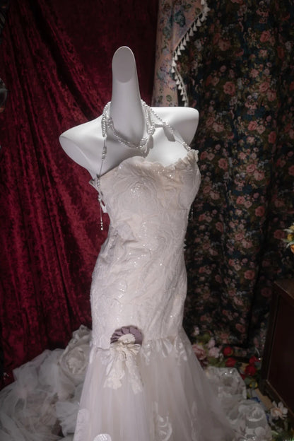 Vintage 80s Mermaid Sweetheart Lace Tulle White With Appliques Train Brides Gown Bridal Dress Wedding Dresses RB8032