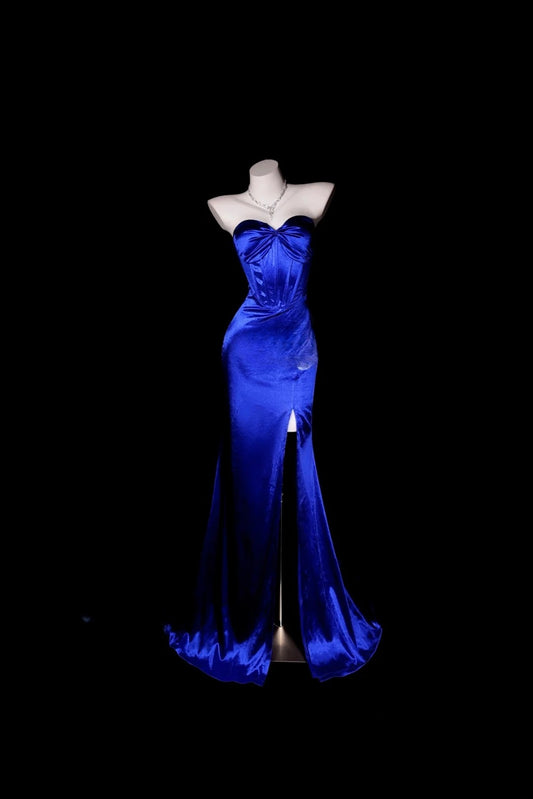 Königsblaues Abendkleid, Meerjungfrauen-Stil, herzförmiger Ausschnitt, Satin, dezent, bodenlang, formelles Partykleid RB9817