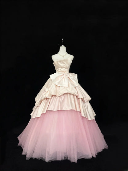 Sweety Prom Dresses Ball Gown Pink Strapless Sleeveless With Bow-knot Tulle Evening Long Formal Dress RB7383