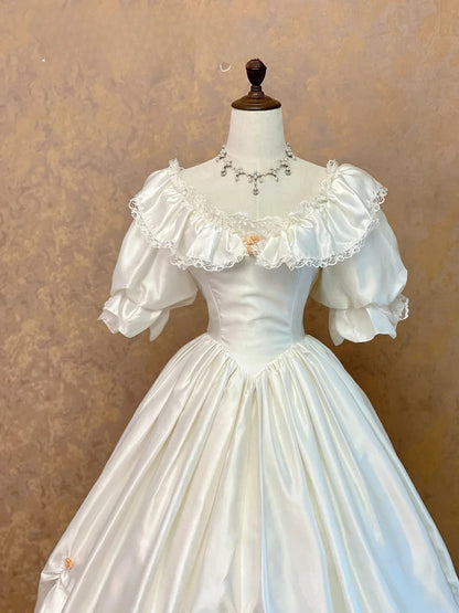 Vintage 80s Ball Gown Ivory Satin Summer Autumn Winter Brides Dress Long Wedding Dresses RB9007
