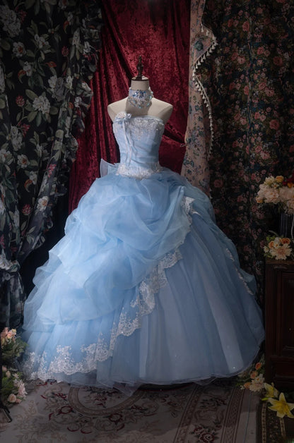 Princesses Fairytale Ball Gown Strapless Blue White Lace Long With Ruffled Quince Dress Quinceanera Dresses Formal Birthday Outfits RB8034